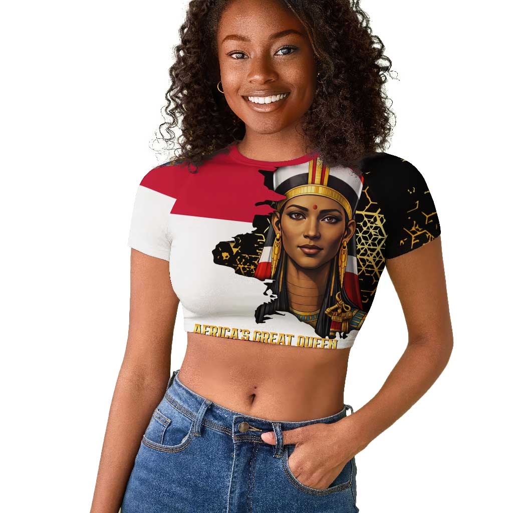 Hatshepsut Raglan Cropped T shirt with Royal Portrait, Pre-Colonial Empires Text and Red-Black Honeycomb - African Pride