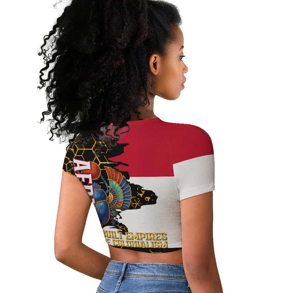 Hatshepsut Raglan Cropped T shirt with Royal Portrait, Pre-Colonial Empires Text and Red-Black Honeycomb - African Pride