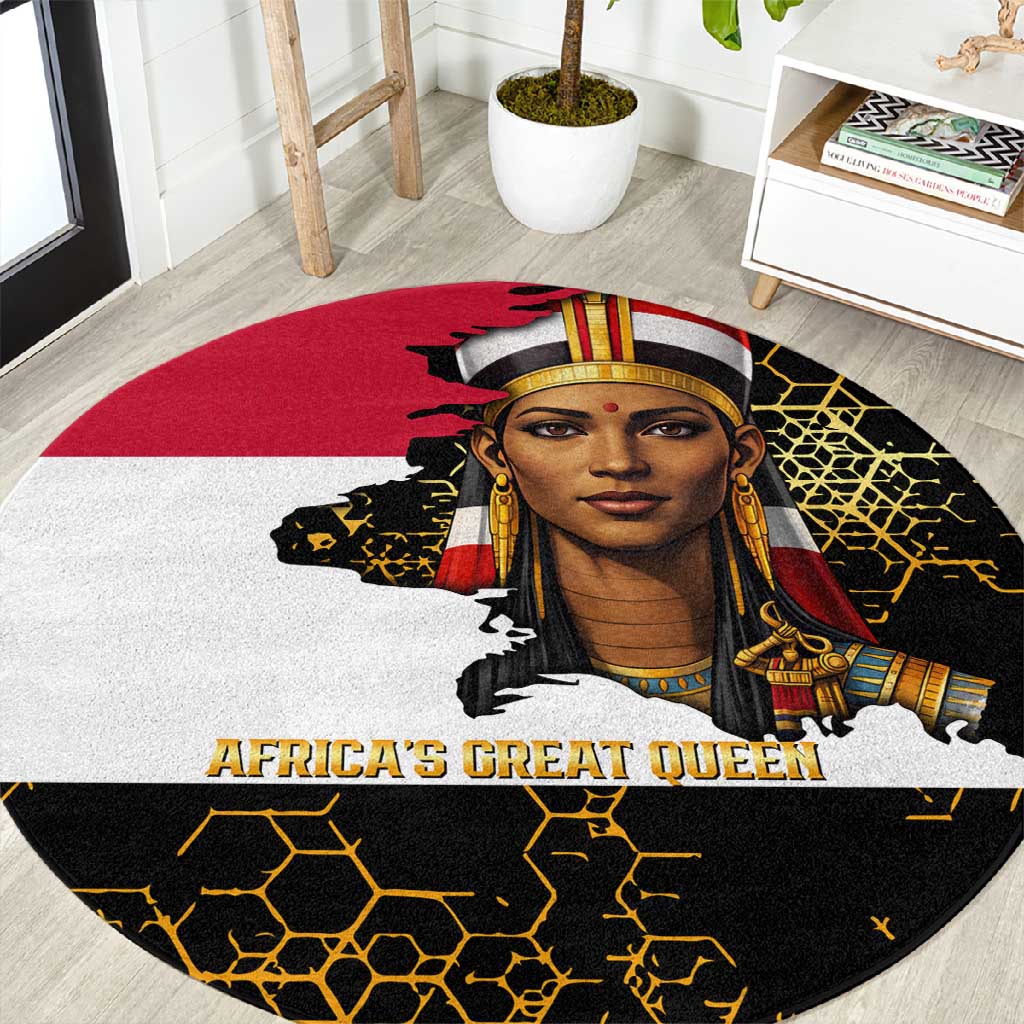 Hatshepsut Round Carpet with Royal Portrait, Pre-Colonial Empires Text and Red-Black Honeycomb - African Pride