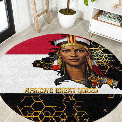 Hatshepsut Round Carpet with Royal Portrait, Pre-Colonial Empires Text and Red-Black Honeycomb - African Pride
