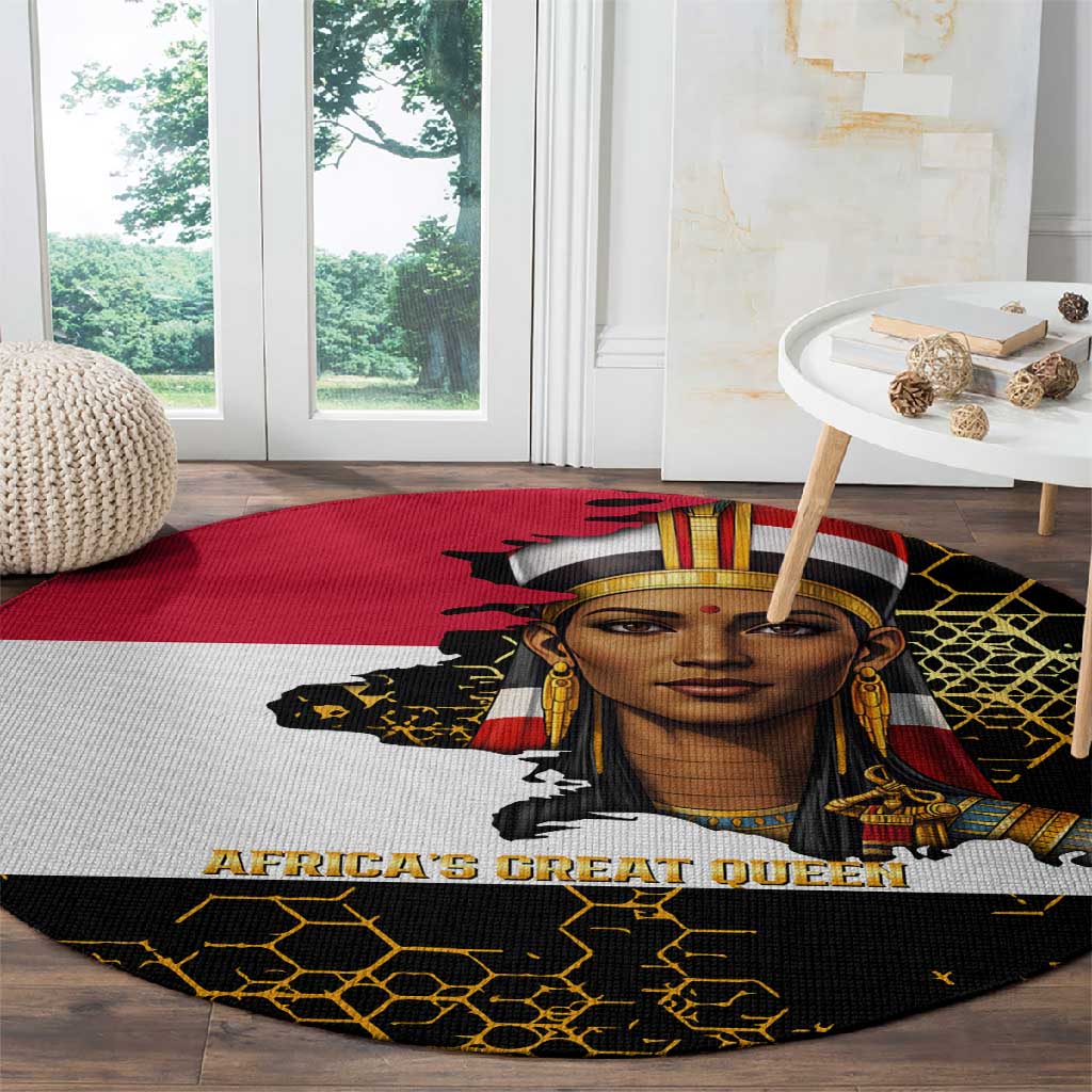 Hatshepsut Round Carpet with Royal Portrait, Pre-Colonial Empires Text and Red-Black Honeycomb - African Pride