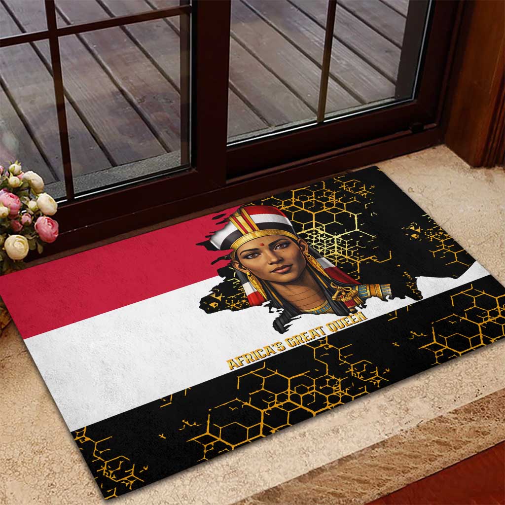 Hatshepsut Rubber Doormat with Royal Portrait, Pre-Colonial Empires Text and Red-Black Honeycomb - African Pride
