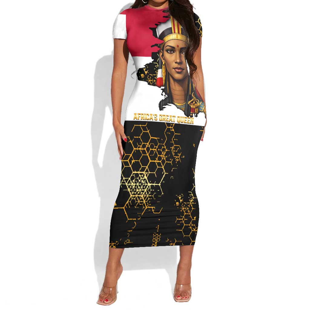 Hatshepsut Short Sleeve Bodycon Dress with Royal Portrait, Pre-Colonial Empires Text and Red-Black Honeycomb - African Pride