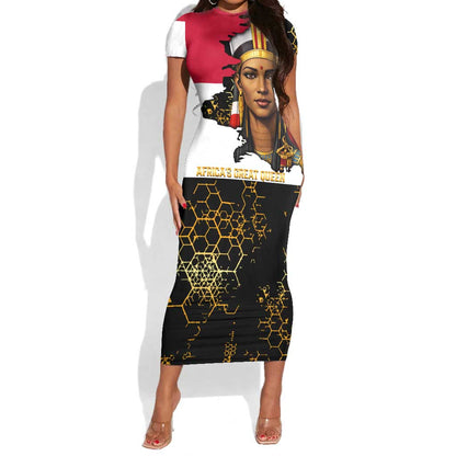 Hatshepsut Short Sleeve Bodycon Dress with Royal Portrait, Pre-Colonial Empires Text and Red-Black Honeycomb - African Pride