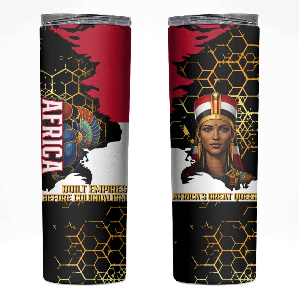 Hatshepsut Skinny Tumbler with Royal Portrait, Pre-Colonial Empires Text and Red-Black Honeycomb - African Pride