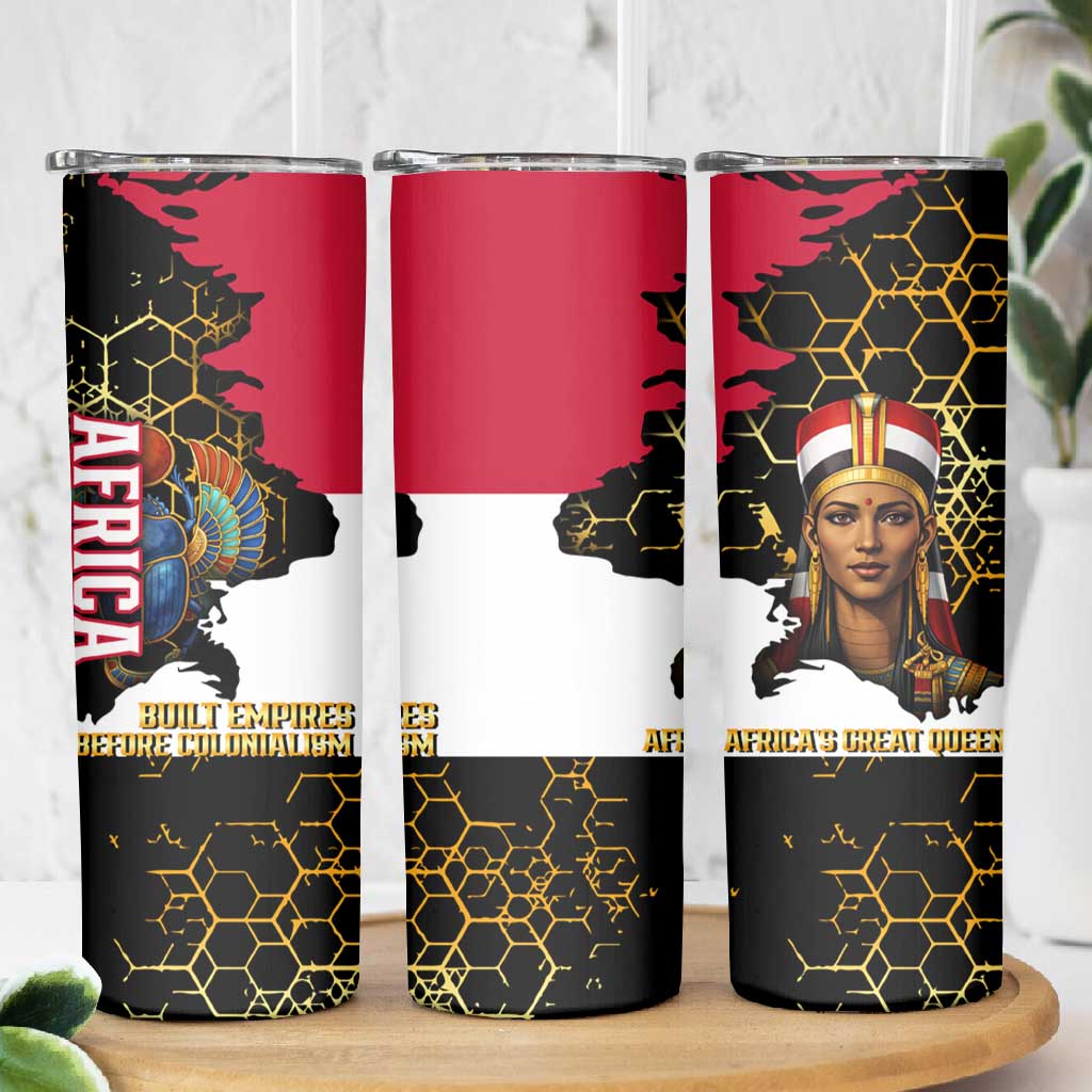 Hatshepsut Skinny Tumbler with Royal Portrait, Pre-Colonial Empires Text and Red-Black Honeycomb - African Pride