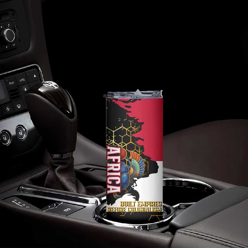 Hatshepsut Skinny Tumbler with Royal Portrait, Pre-Colonial Empires Text and Red-Black Honeycomb - African Pride
