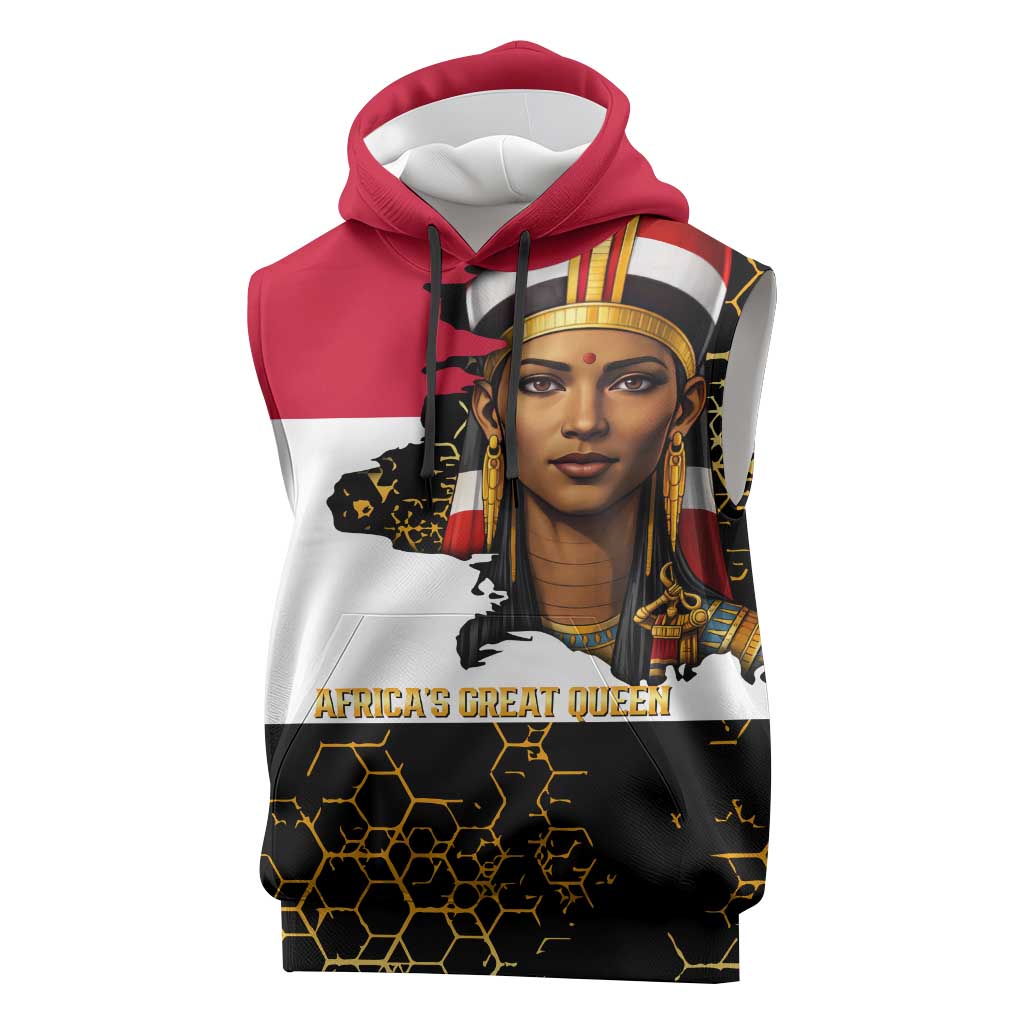 Hatshepsut Sleeveless Hoodie with Royal Portrait, Pre-Colonial Empires Text and Red-Black Honeycomb - African Pride