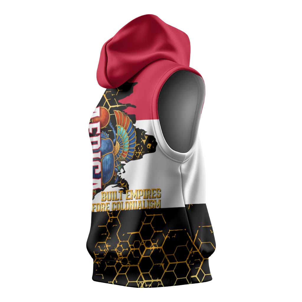 Hatshepsut Sleeveless Hoodie with Royal Portrait, Pre-Colonial Empires Text and Red-Black Honeycomb - African Pride