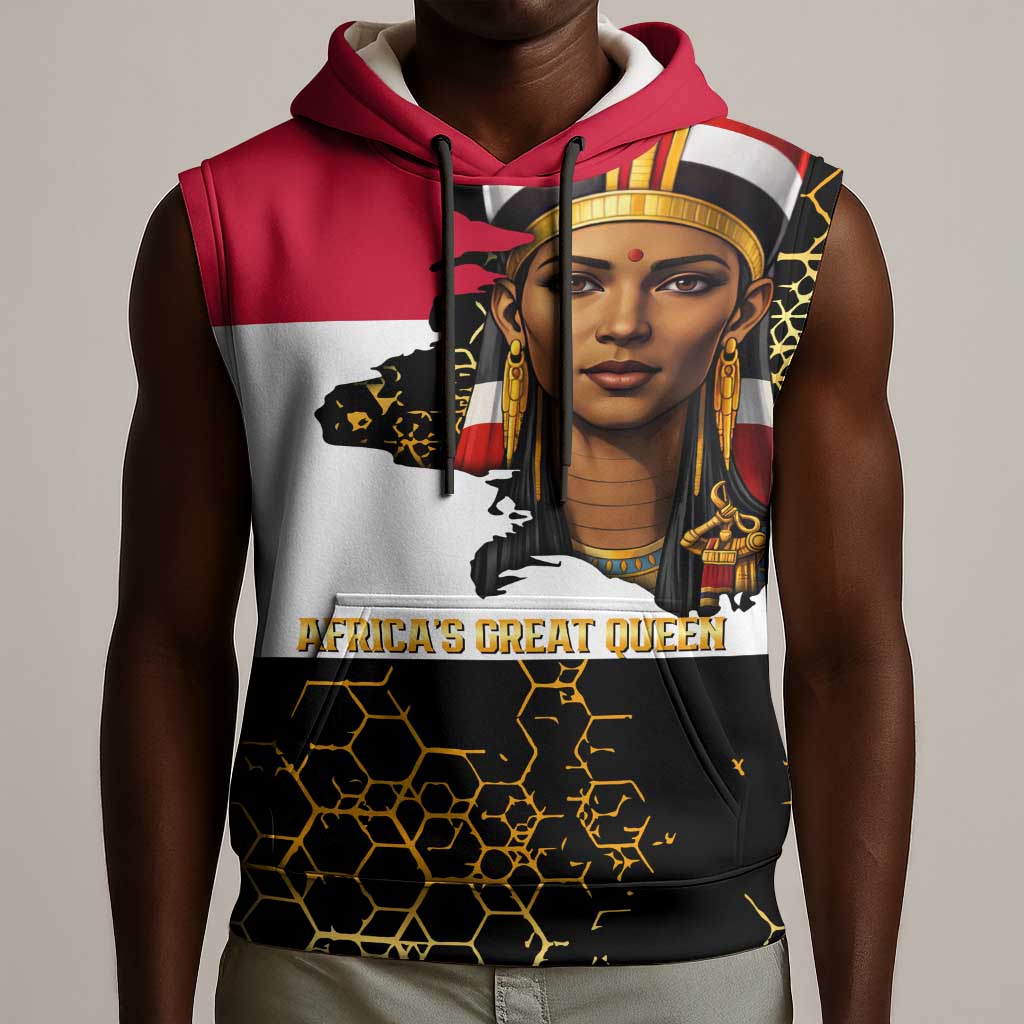 Hatshepsut Sleeveless Hoodie with Royal Portrait, Pre-Colonial Empires Text and Red-Black Honeycomb - African Pride