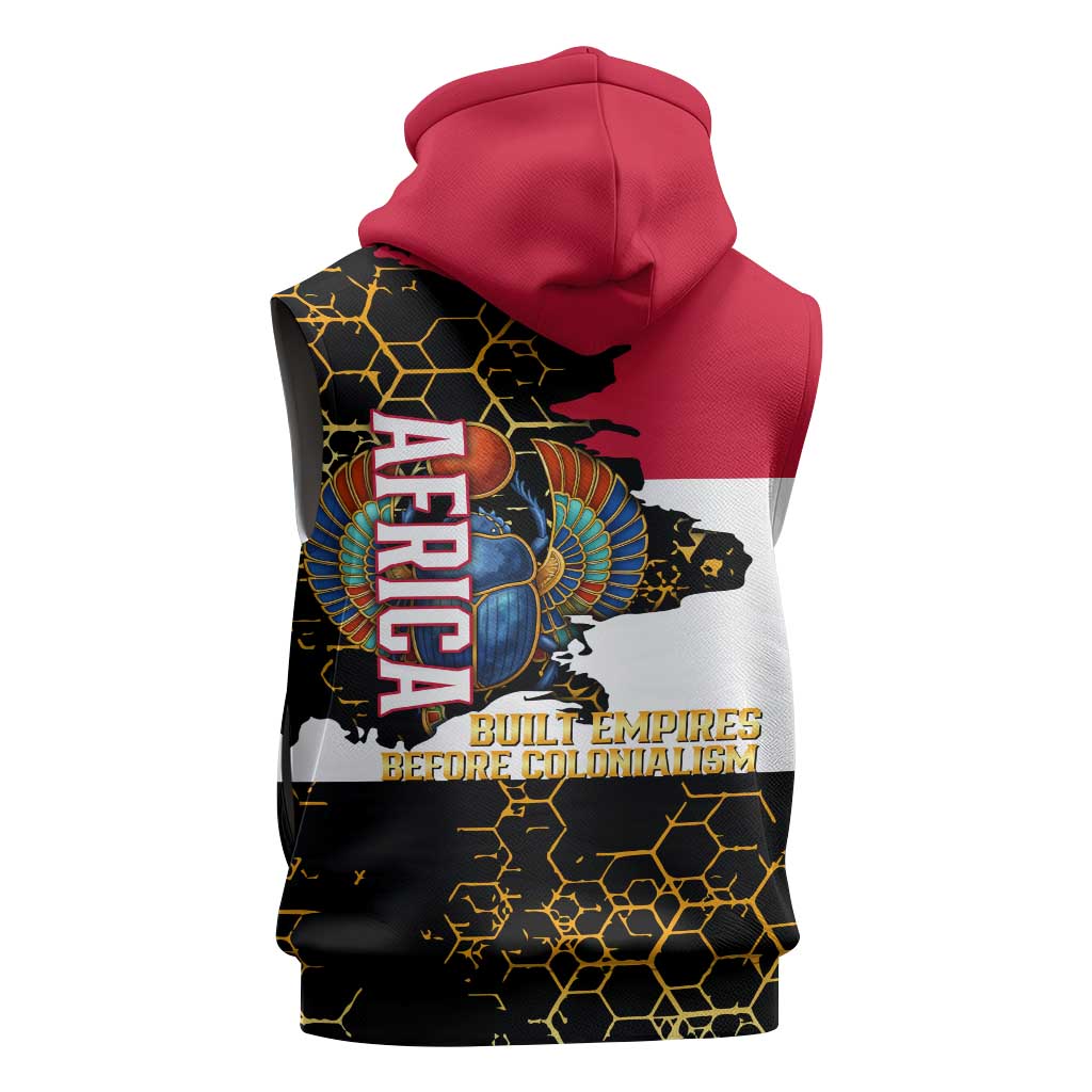 Hatshepsut Sleeveless Zip Hoodie with Royal Portrait, Pre-Colonial Empires Text and Red-Black Honeycomb - African Pride