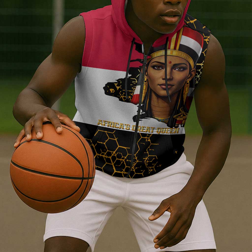 Hatshepsut Sleeveless Zip Hoodie with Royal Portrait, Pre-Colonial Empires Text and Red-Black Honeycomb - African Pride