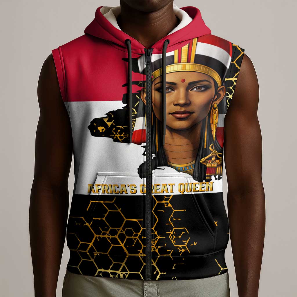 Hatshepsut Sleeveless Zip Hoodie with Royal Portrait, Pre-Colonial Empires Text and Red-Black Honeycomb - African Pride
