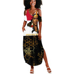 Hatshepsut Summer Maxi Dress with Royal Portrait, Pre-Colonial Empires Text and Red-Black Honeycomb - African Pride