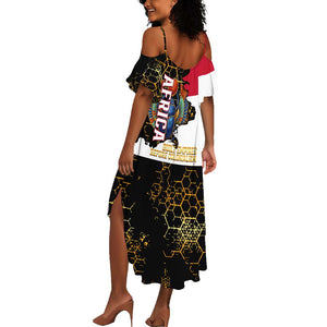 Hatshepsut Summer Maxi Dress with Royal Portrait, Pre-Colonial Empires Text and Red-Black Honeycomb - African Pride