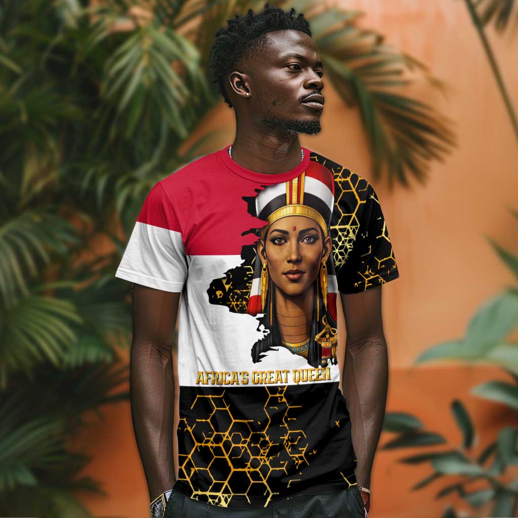 Hatshepsut T shirt with Royal Portrait, Pre-Colonial Empires Text and Red-Black Honeycomb - African Pride