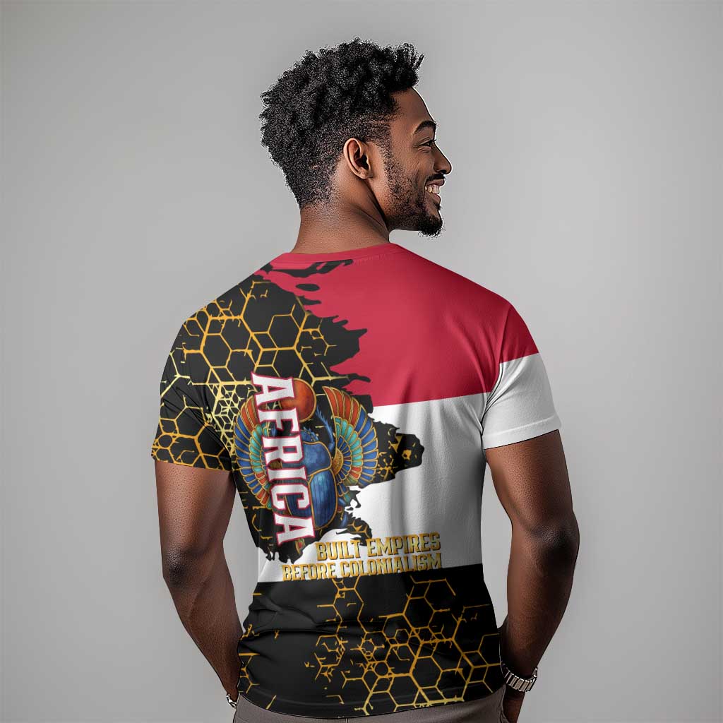 Hatshepsut T shirt with Royal Portrait, Pre-Colonial Empires Text and Red-Black Honeycomb - African Pride