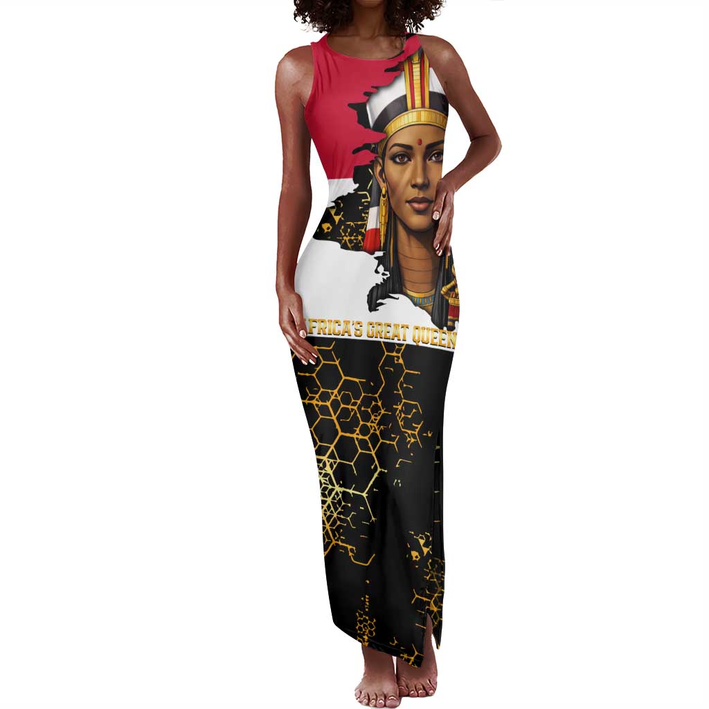 Hatshepsut Tank Maxi Dress with Royal Portrait, Pre-Colonial Empires Text and Red-Black Honeycomb - African Pride