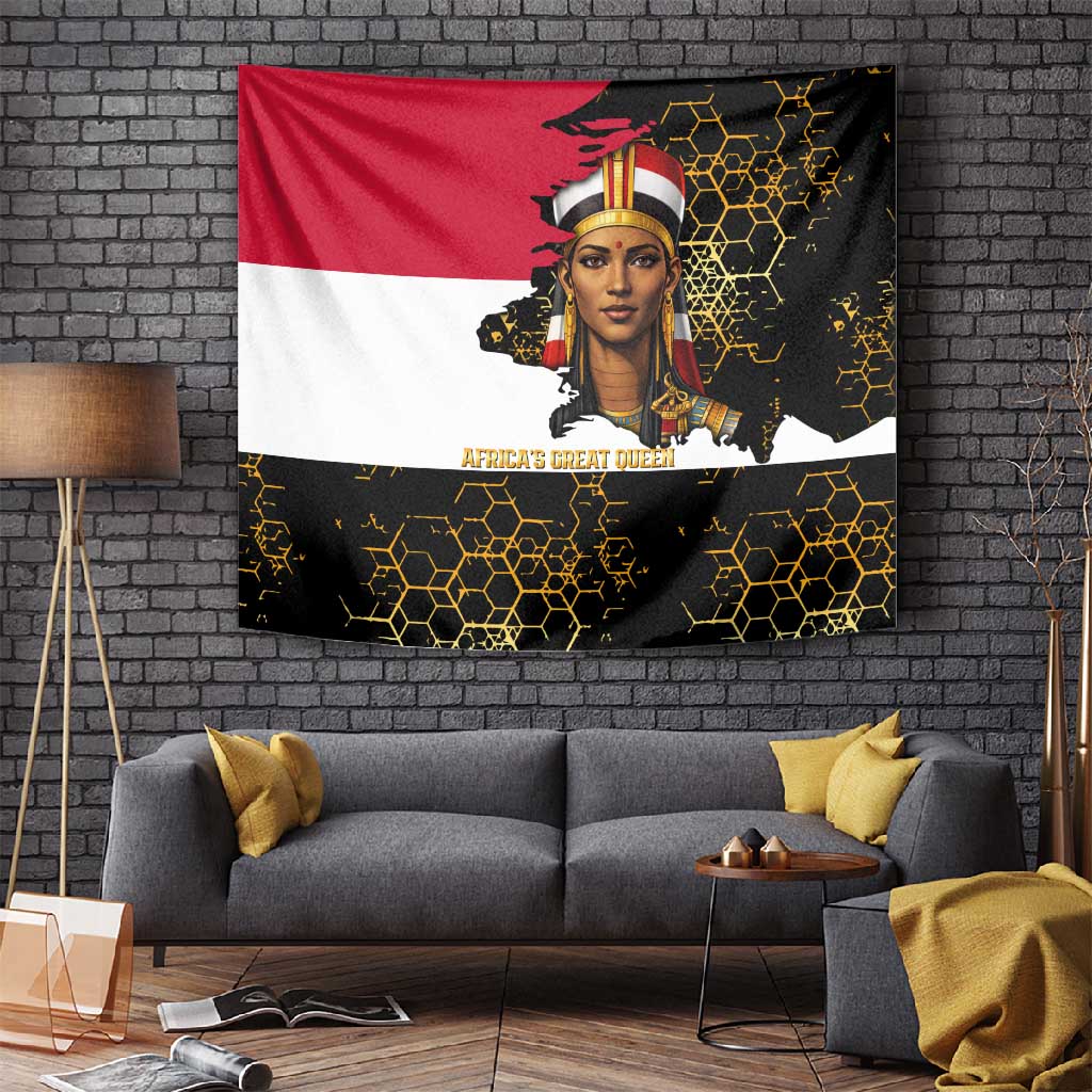Hatshepsut Tapestry with Royal Portrait, Pre-Colonial Empires Text and Red-Black Honeycomb - African Pride