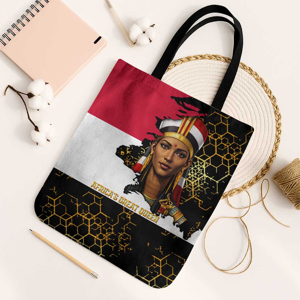 Hatshepsut Tote Bag with Royal Portrait, Pre-Colonial Empires Text and Red-Black Honeycomb - African Pride