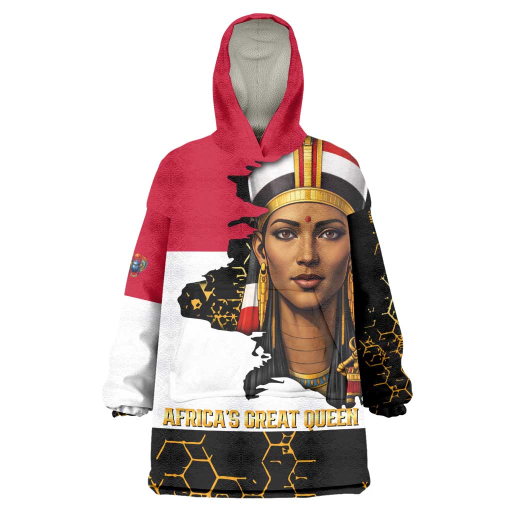 Hatshepsut Wearable Blanket Hoodie with Royal Portrait, Pre-Colonial Empires Text and Red-Black Honeycomb - African Pride