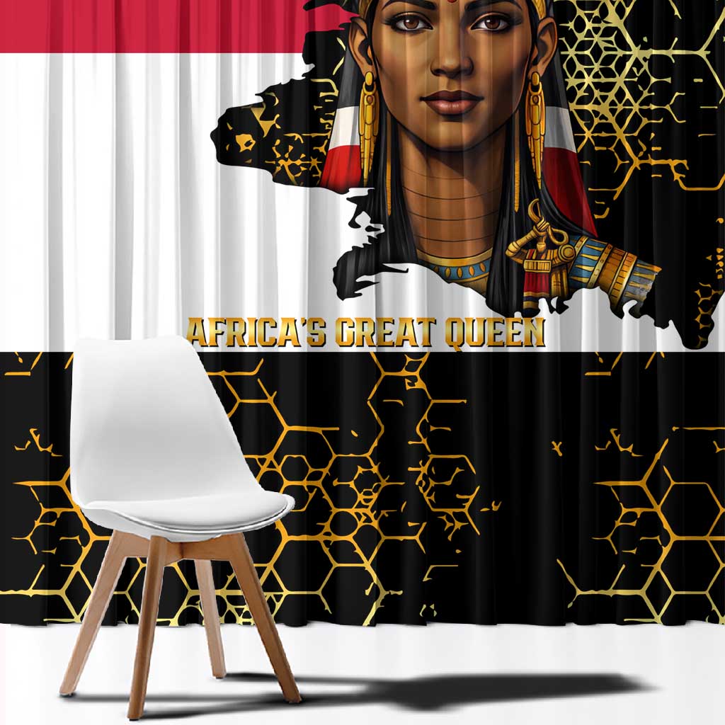 Hatshepsut Window Curtain with Royal Portrait, Pre-Colonial Empires Text and Red-Black Honeycomb - African Pride