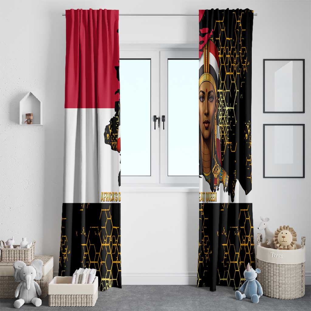 Hatshepsut Window Curtain with Royal Portrait, Pre-Colonial Empires Text and Red-Black Honeycomb - African Pride