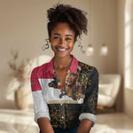Hatshepsut Women Casual Shirt with Royal Portrait, Pre-Colonial Empires Text and Red-Black Honeycomb - African Pride