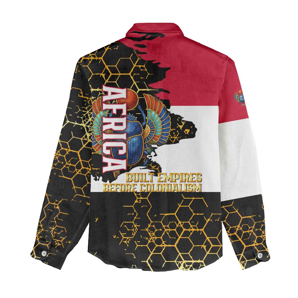 Hatshepsut Women Casual Shirt with Royal Portrait, Pre-Colonial Empires Text and Red-Black Honeycomb - African Pride