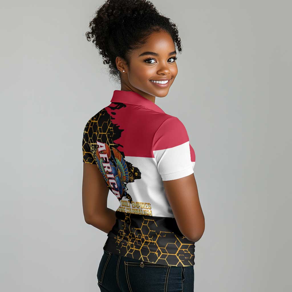 Hatshepsut Women Polo Shirt with Royal Portrait, Pre-Colonial Empires Text and Red-Black Honeycomb - African Pride