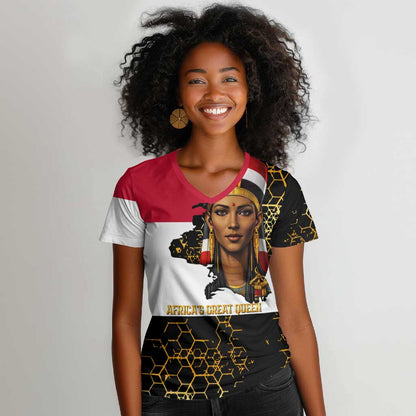 Hatshepsut Women V-Neck T-Shirt with Royal Portrait, Pre-Colonial Empires Text and Red-Black Honeycomb - African Pride
