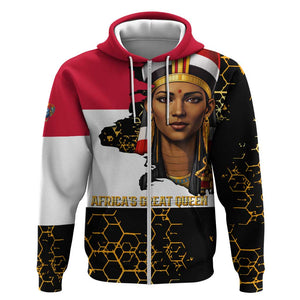 Hatshepsut Zip Hoodie with Royal Portrait, Pre-Colonial Empires Text and Red-Black Honeycomb - African Pride