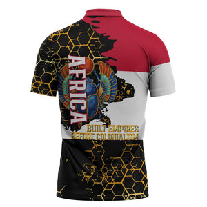 Hatshepsut Zipper Polo Shirt with Royal Portrait, Pre-Colonial Empires Text and Red-Black Honeycomb - African Pride
