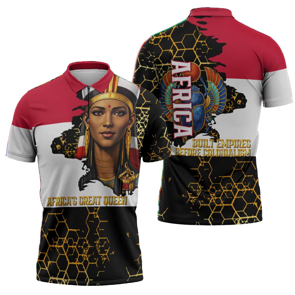 Hatshepsut Zipper Polo Shirt with Royal Portrait, Pre-Colonial Empires Text and Red-Black Honeycomb - African Pride