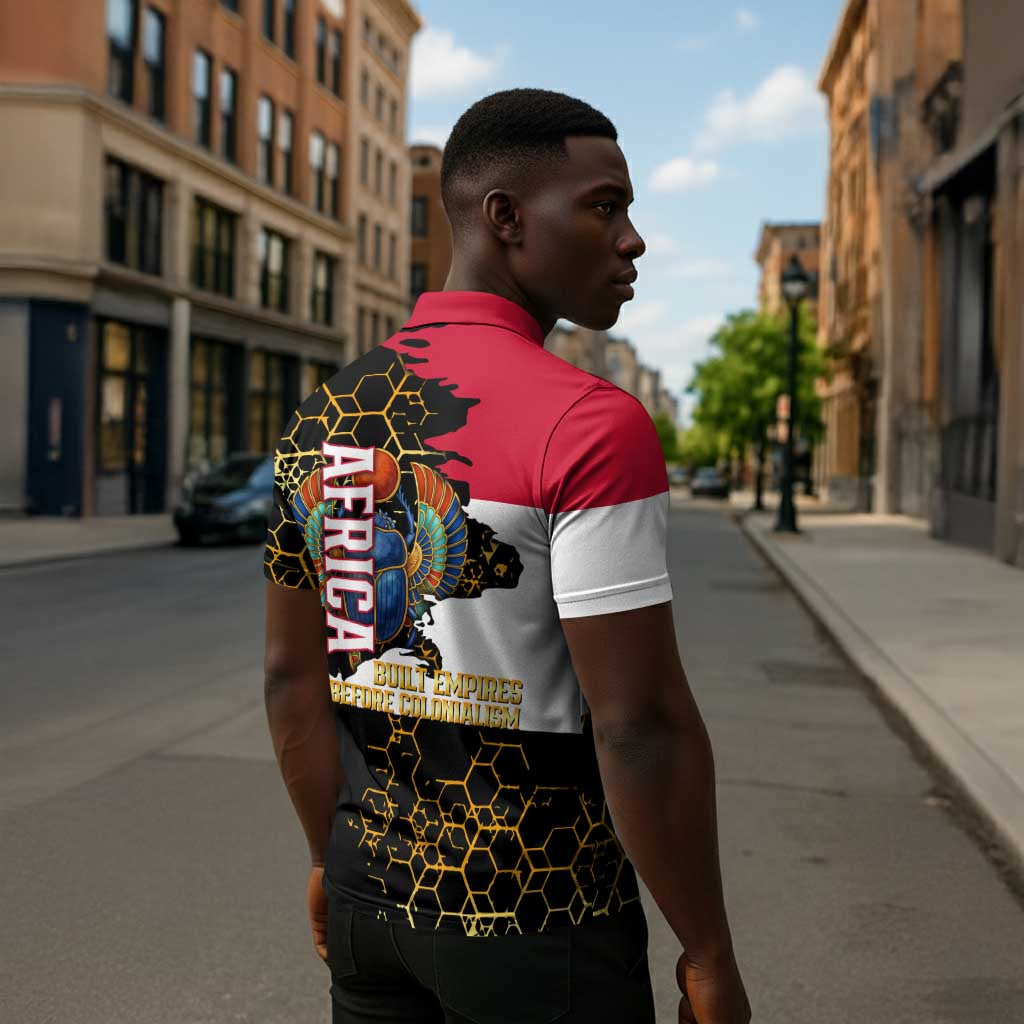 Hatshepsut Zipper Polo Shirt with Royal Portrait, Pre-Colonial Empires Text and Red-Black Honeycomb - African Pride