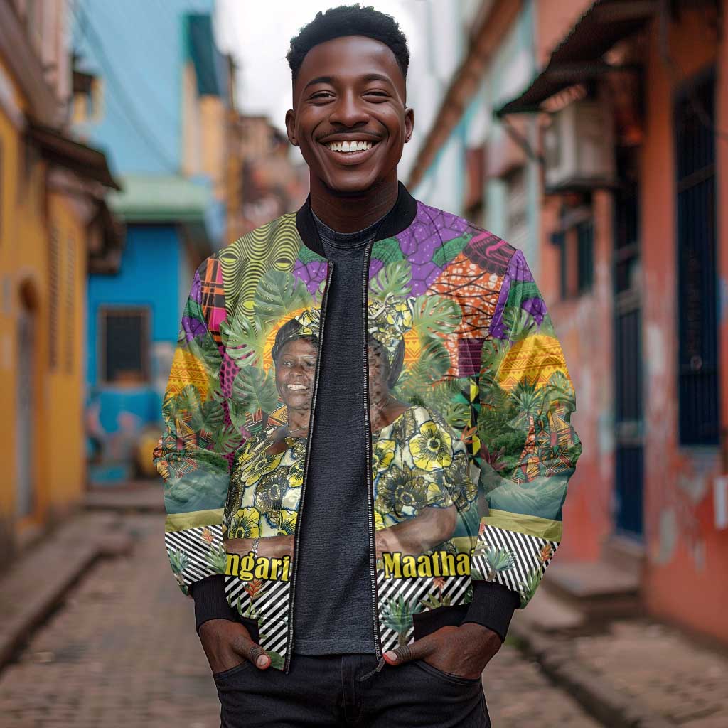 Wangari Maathai Bomber Jacket Colorful Nature-Inspired Design Empowerment Quote African Print Environmental - African Pride