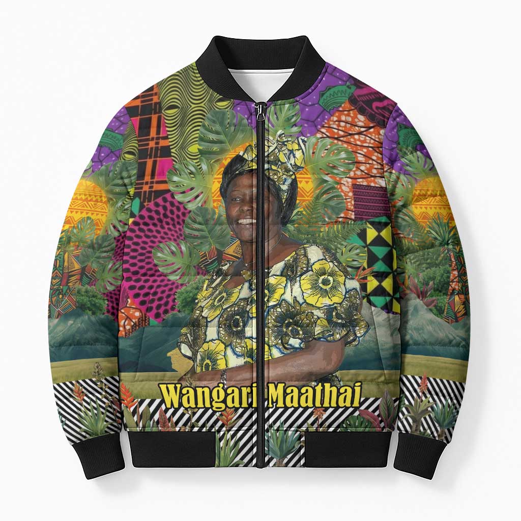 Wangari Maathai Bomber Puffer Jacket Colorful Nature-Inspired Design Empowerment Quote African Print Environmental - African Pride
