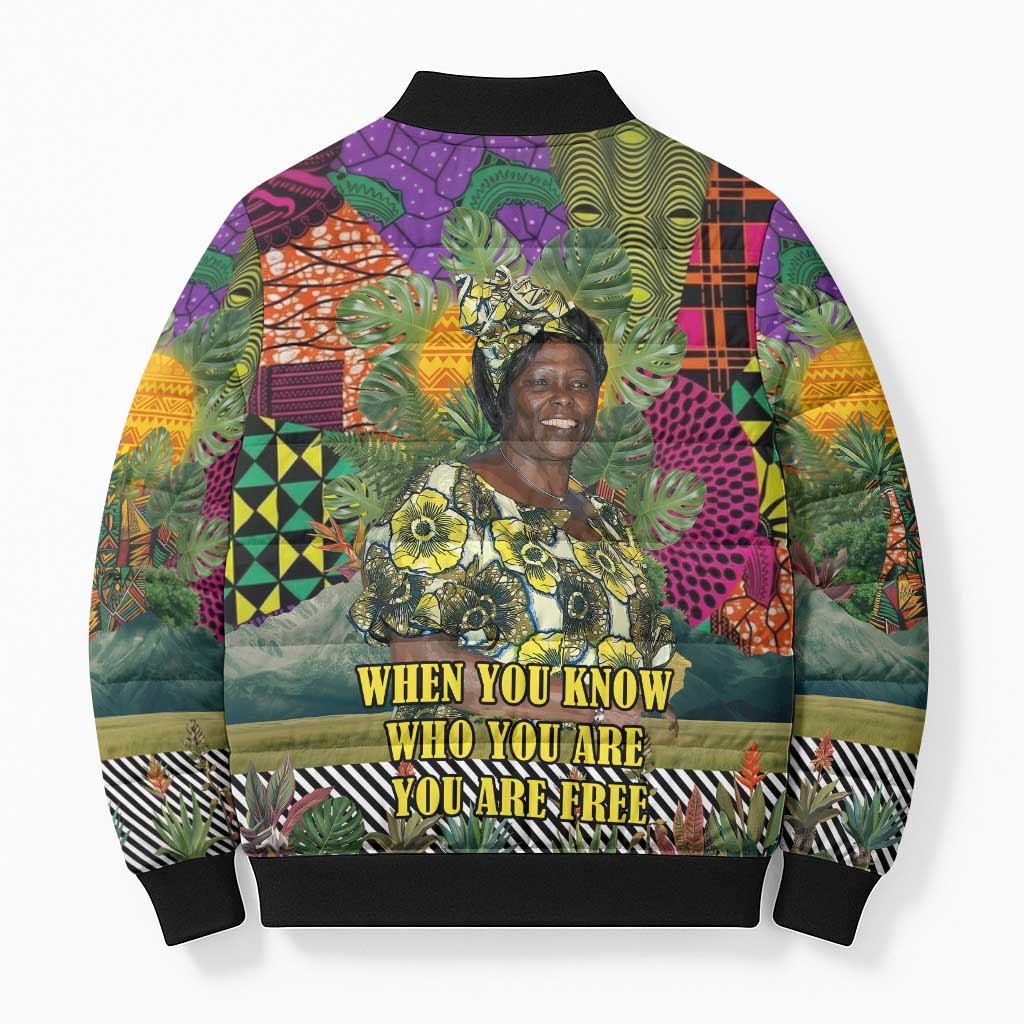 Wangari Maathai Bomber Puffer Jacket Colorful Nature-Inspired Design Empowerment Quote African Print Environmental - African Pride