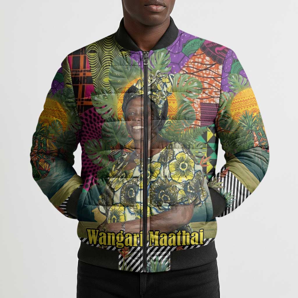 Wangari Maathai Bomber Puffer Jacket Colorful Nature-Inspired Design Empowerment Quote African Print Environmental - African Pride