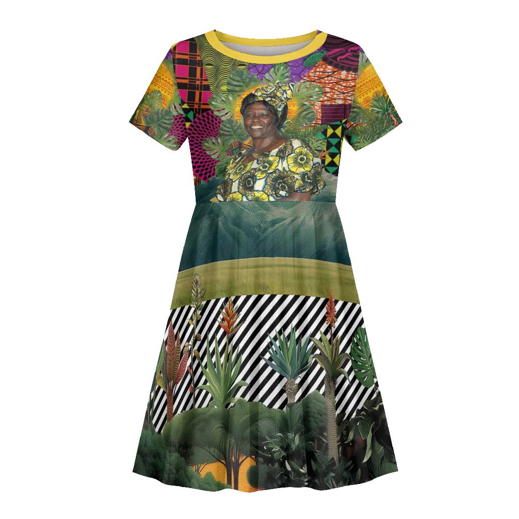 Wangari Maathai Kid Short Sleeve Dress Colorful Nature-Inspired Design Empowerment Quote African Print Environmental - African Pride