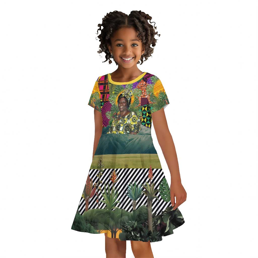 Wangari Maathai Kid Short Sleeve Dress Colorful Nature-Inspired Design Empowerment Quote African Print Environmental - African Pride