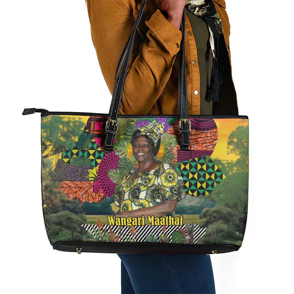 Wangari Maathai Leather Tote Bag Colorful Nature-Inspired Design Empowerment Quote African Print Environmental - African Pride