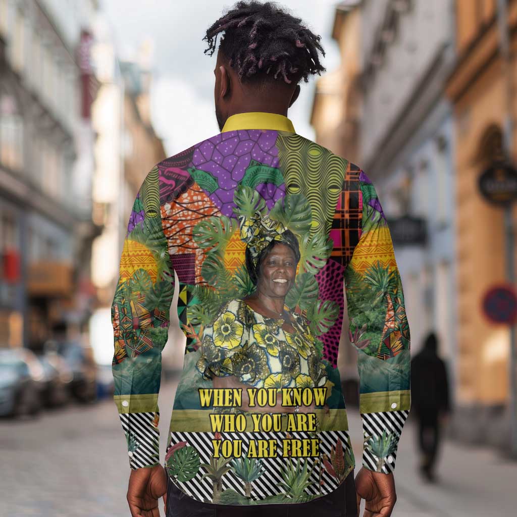 Wangari Maathai Long Sleeve Button Shirt Colorful Nature-Inspired Design Empowerment Quote African Print Environmental - African Pride