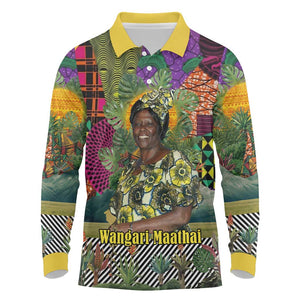 Wangari Maathai Long Sleeve Polo Shirt Colorful Nature-Inspired Design Empowerment Quote African Print Environmental - African Pride