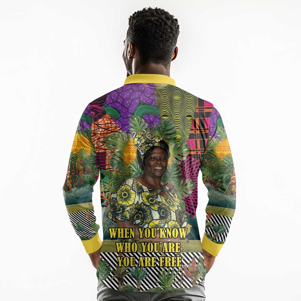 Wangari Maathai Long Sleeve Polo Shirt Colorful Nature-Inspired Design Empowerment Quote African Print Environmental - African Pride