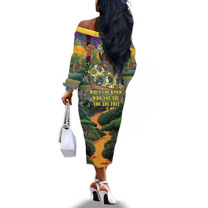 Wangari Maathai Off The Shoulder Long Sleeve Dress Colorful Nature-Inspired Design Empowerment Quote African Print Environmental - African Pride