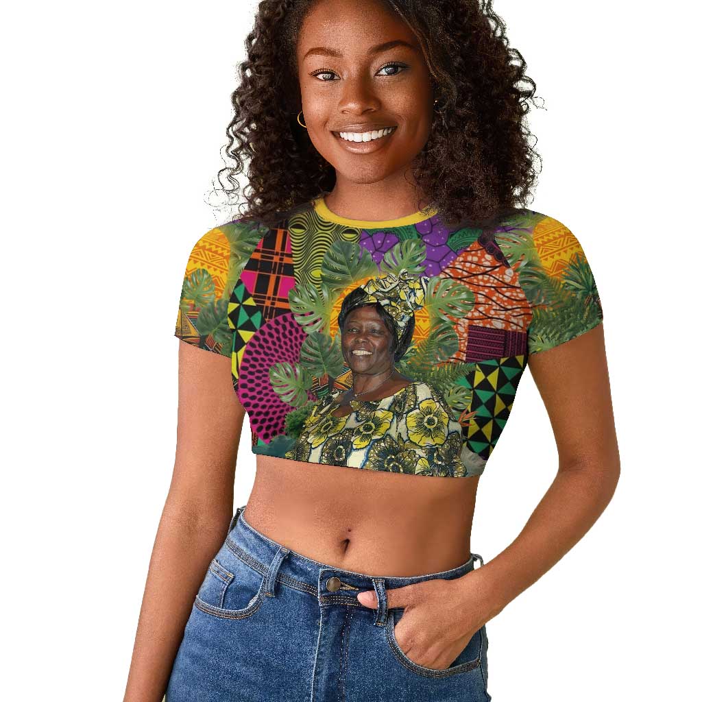 Wangari Maathai Raglan Cropped T shirt Colorful Nature-Inspired Design Empowerment Quote African Print Environmental - African Pride