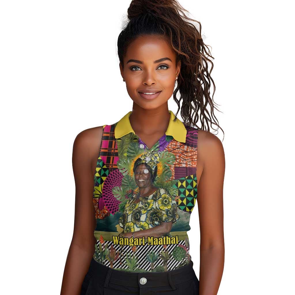 Wangari Maathai Women Sleeveless Polo Shirt Colorful Nature-Inspired Design Empowerment Quote African Print Environmental - African Pride