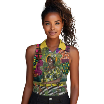 Wangari Maathai Women Sleeveless Polo Shirt Colorful Nature-Inspired Design Empowerment Quote African Print Environmental - African Pride