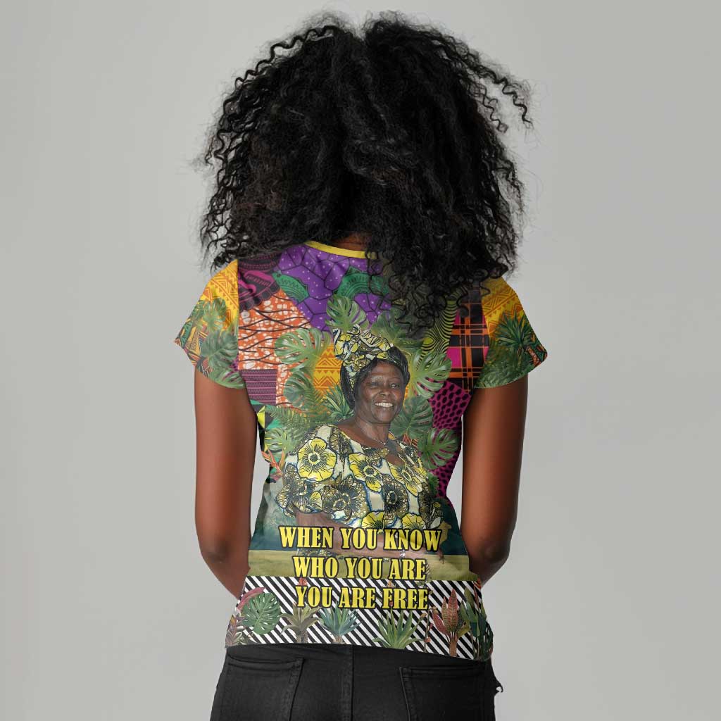 Wangari Maathai Women V-Neck T-Shirt Colorful Nature-Inspired Design Empowerment Quote African Print Environmental - African Pride